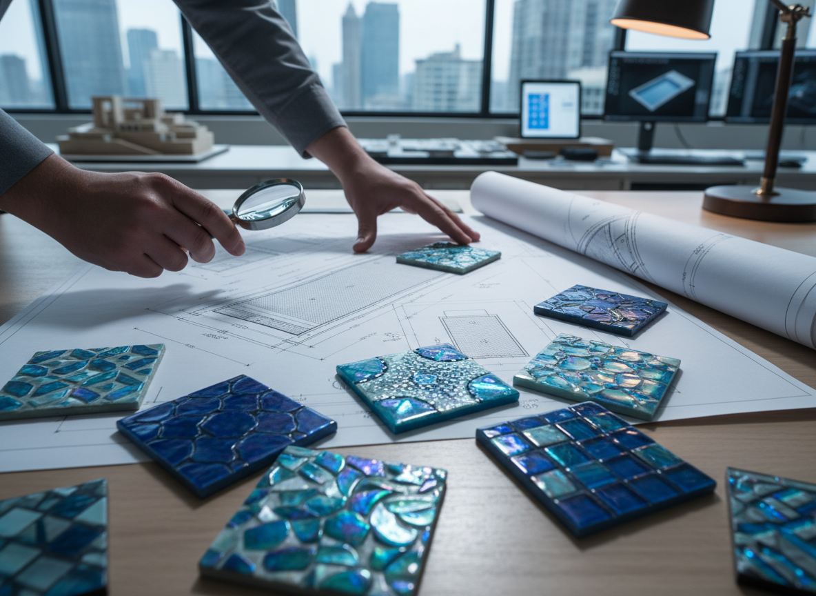 Professional team designing a custom pool with blueprints